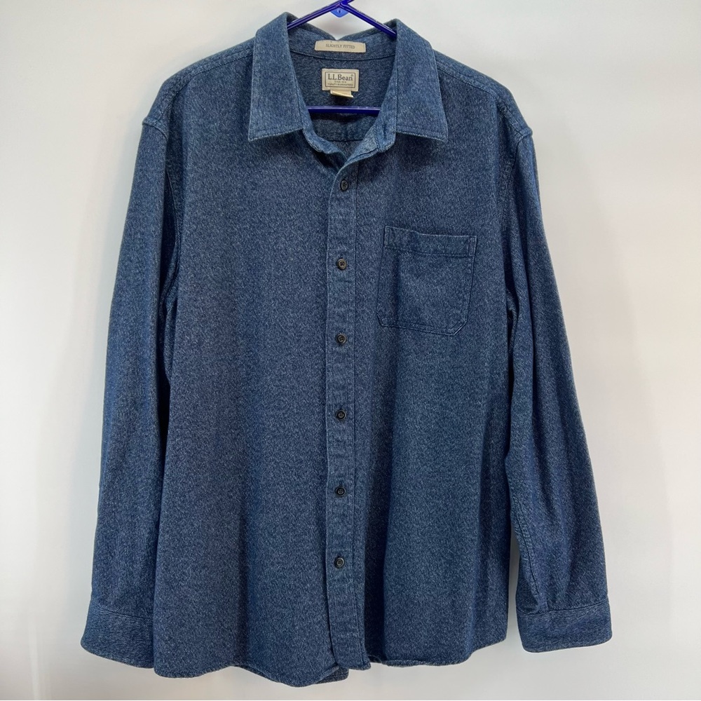 LL Bean Flannel Slightly Fitted Button Down Shirt Jacket XL Blue Thick Heavy